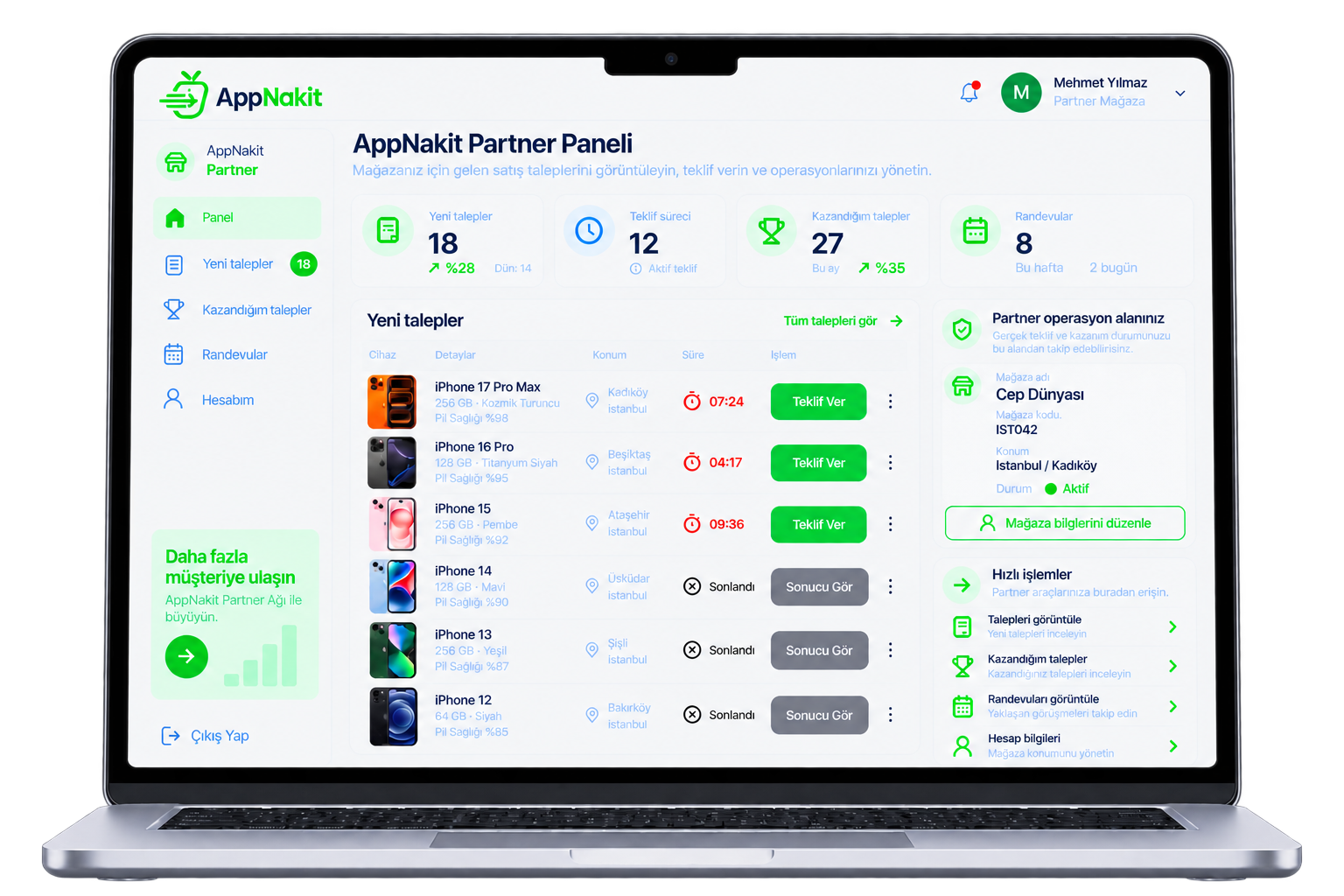 AppNakit Partner Paneli MacBook görünümü